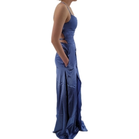 Periwinkle criss cross back full length prom dress w/ pockets size XS New - Picture 3 of 7